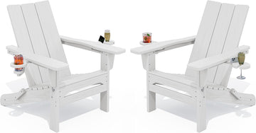 Modern Folding Adirondack Chairs Set of 2, HDPE, Cup Holders, White | Outdoor All-Weather Lawn Adirondack Chairs Wood