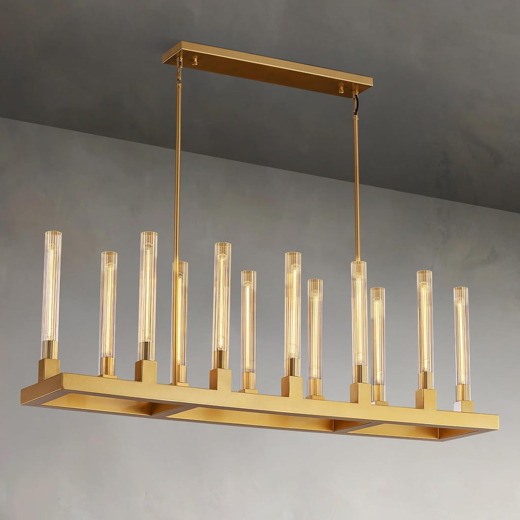 55" Farmhouse Chandelier with Glass Tube, Gold 12-Lights Modern Chandeliers Over Table 5Rectangular Luxurious Large Ceiling Pendant Lighting Fixture for Dining Living Room, Foyer A114-B0DZ66JFPW