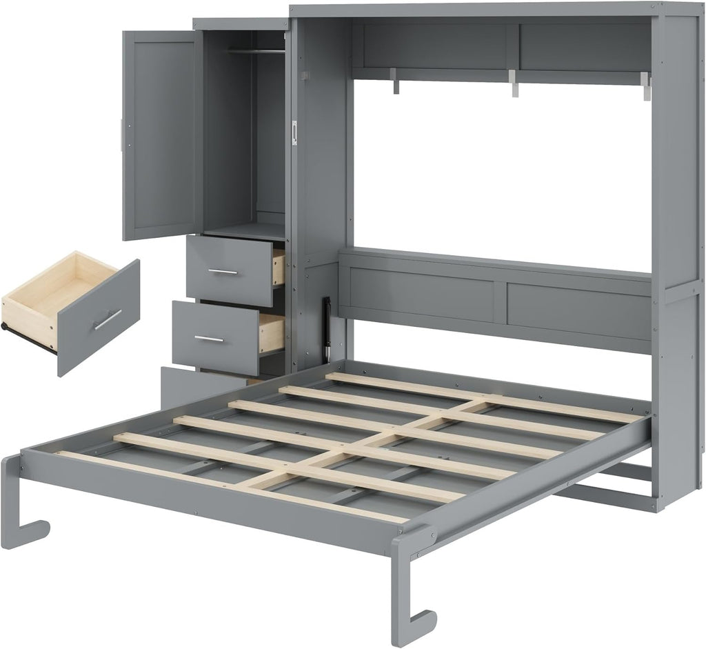 Queen Murphy Bed with Storage Wardrobe and Drawers,Solid Wood Farmhouse Murphy Wall Bed Cabinet with Drawers for Bedroom Office Guest Room,Foldable (Gray,Queen)