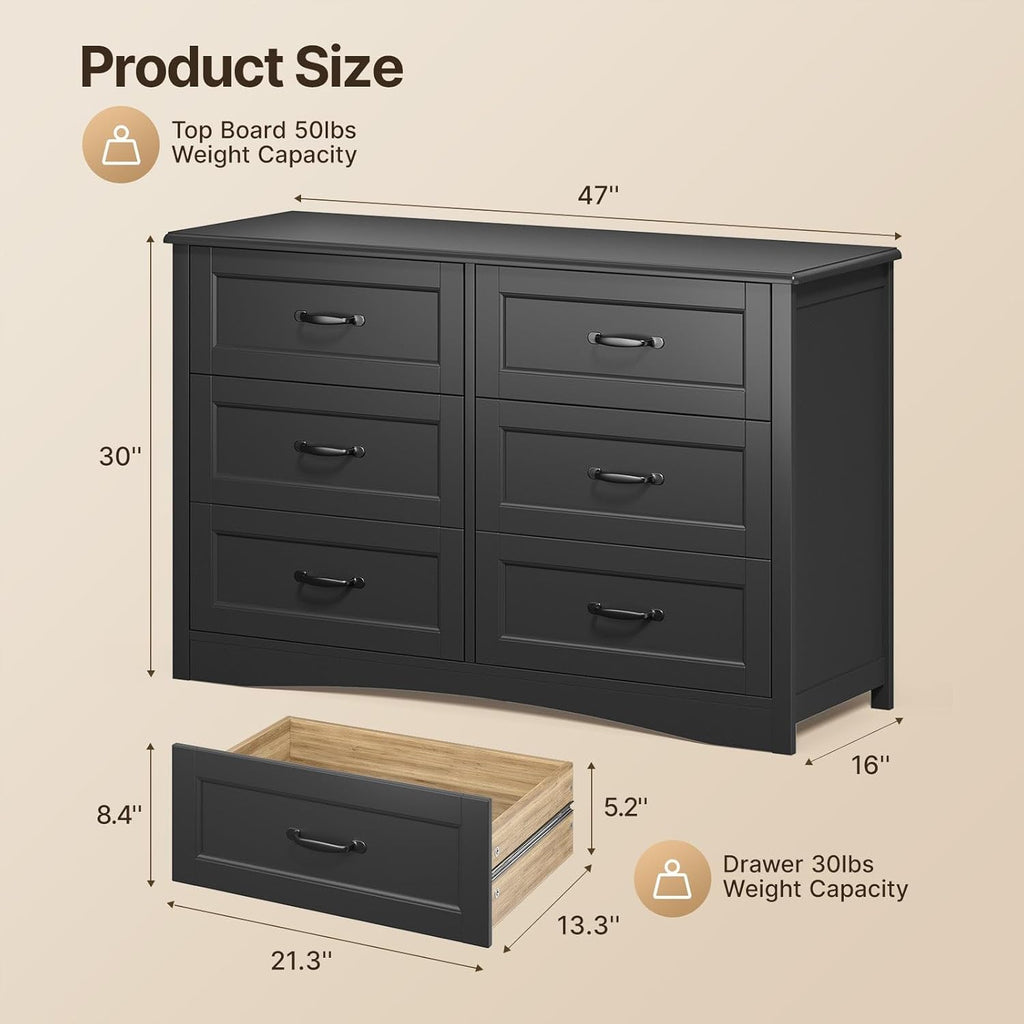6 Drawer Dresser ,47'' Larger Chest of Drawers with Mental Handle for Kids Room, Black Dresser with 6 Storage Drawers