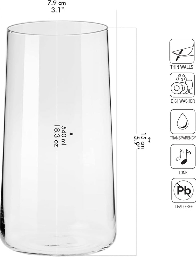 Tall Water Glasses, Set of 6, 18.3 oz, Avant-Garde Collection, Lightweight Crystal Glass, Perfect for Everyday