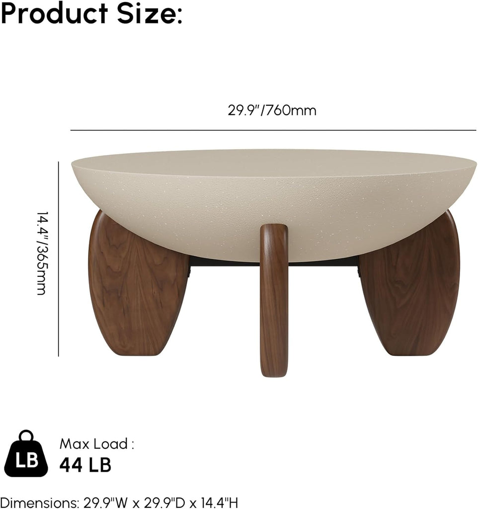 Round Concrete Coffee Table with Premium Walnut Ash Wood Legs, Modern Minimalist Cement Finish Center Table