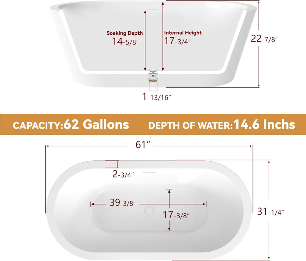 61 in. x 31 in.Classic Oval Acrylic Free Standing Tub, Heavy Duty Deep Soaking Tub, Bathroom Stand Alone Tub