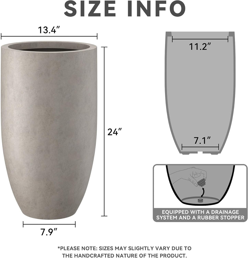 Large Round Tapered Weathered Concrete Planter 24" Tall, Outdoor | Rubber Plug for Indoor, Drainage for Garden