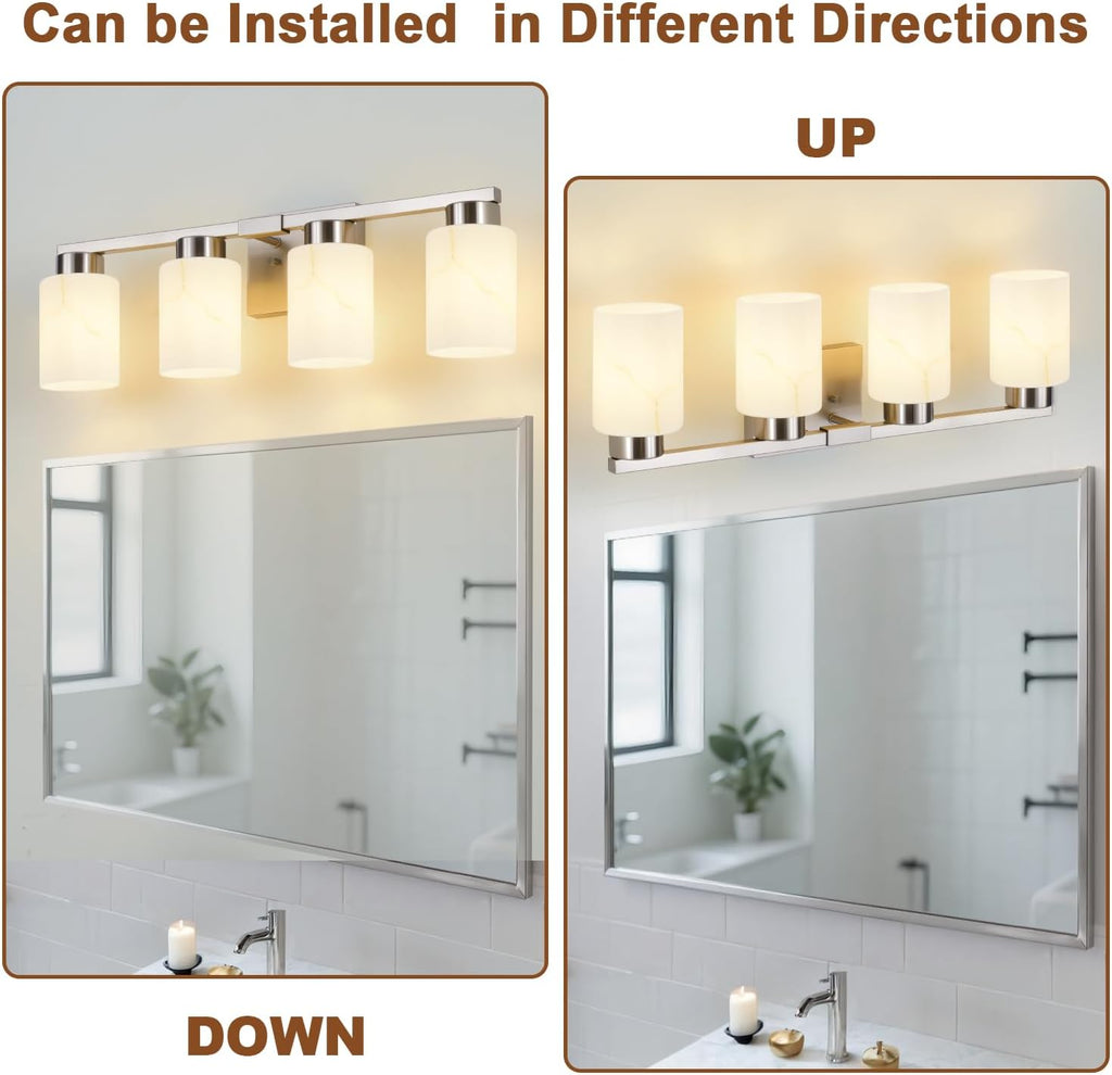 4-Light Bathroom Light Fixtures, Modern Vanity Lights, Brushed Nickel Metal Wall Lamp with White Marble Glass