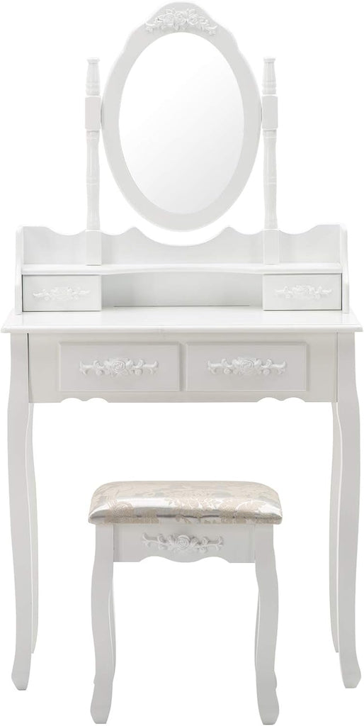 Makeup Vanity Table Set and Cushioned Stool with Oval Mirror, 4 Drawers Dressing Table (White)