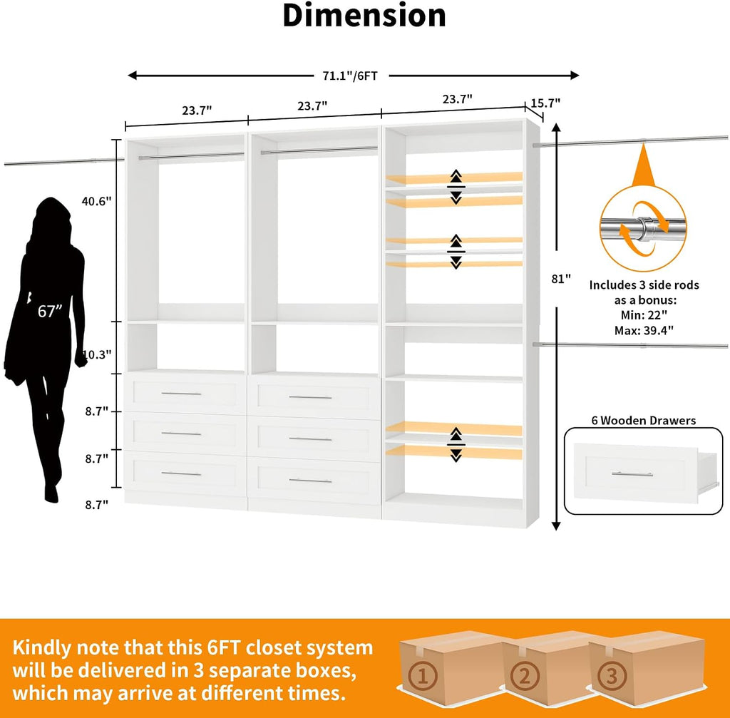 Closet System with 3 Sets, 6FT-15FT Closet Organizer Systems with 6 Wooden Drawers 8 Shelves & 4 Hanging Rods, Walk