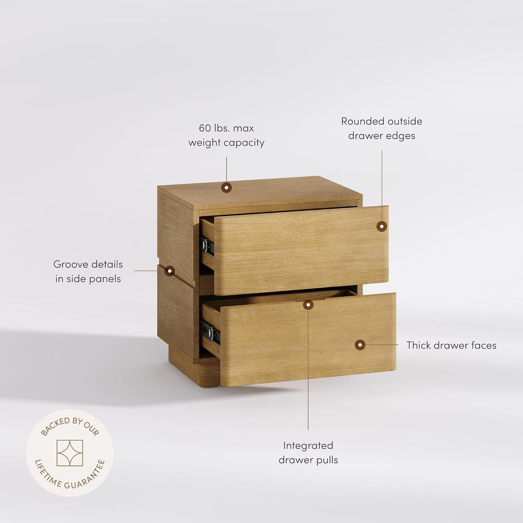 Rivelle Modern Contemporary Nightstand with Drawer, Minimalist Solid Wood Bedside Table with 2 Drawers, Light Brown