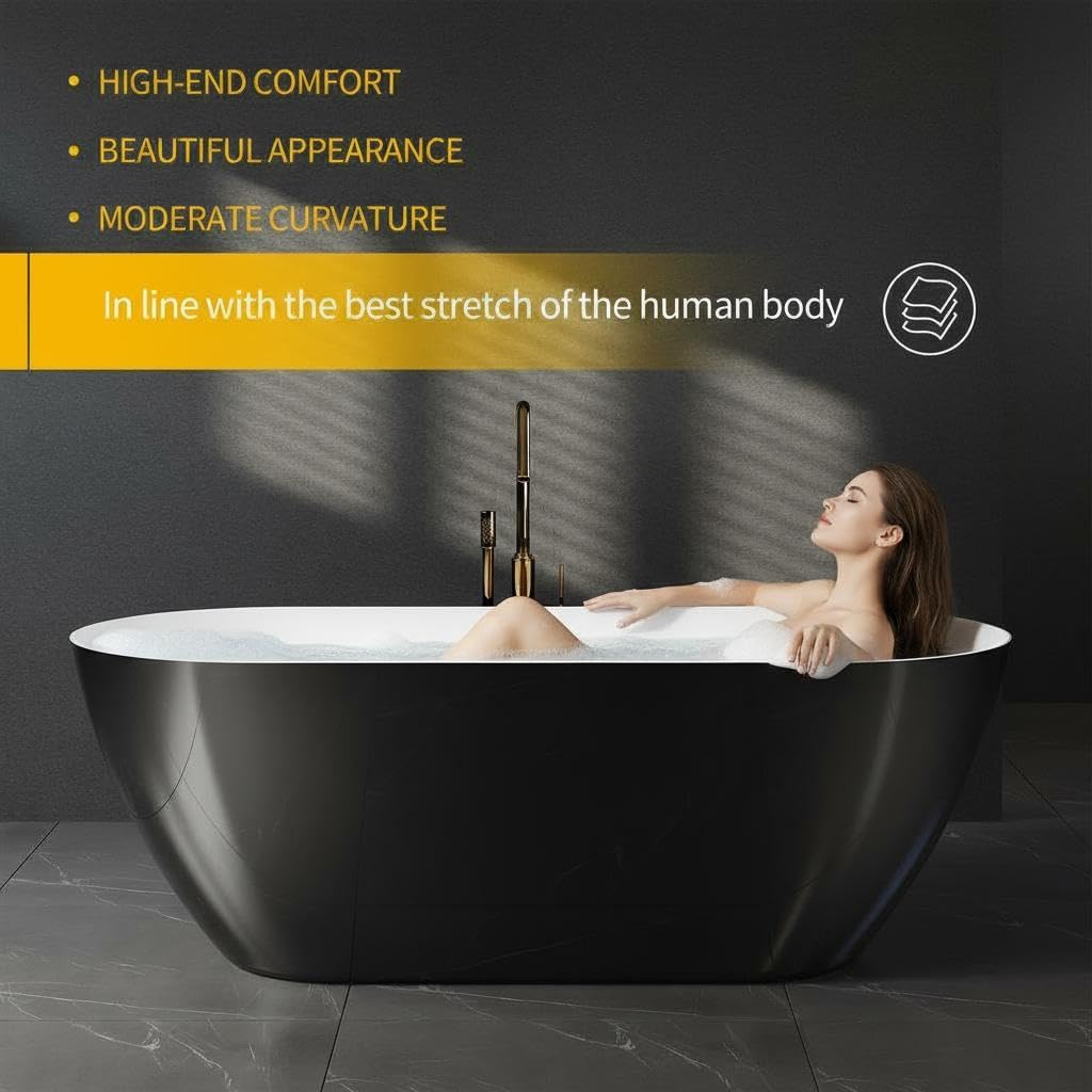 59 Inch Acrylic Freestanding Bathtub, Deep Soaking Tub with White Interior Black Exterior, Oval Stand Alone Acrylic