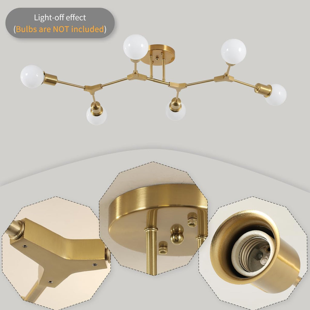 Modern Mid Century 6 Light Semi Flush Mount Ceiling Lighting Fixture for Living Room Bedroom Dining Room Hallway