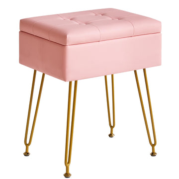 PU Storage Vanity Stool with Flip Tabletop, Ottoman, Pink