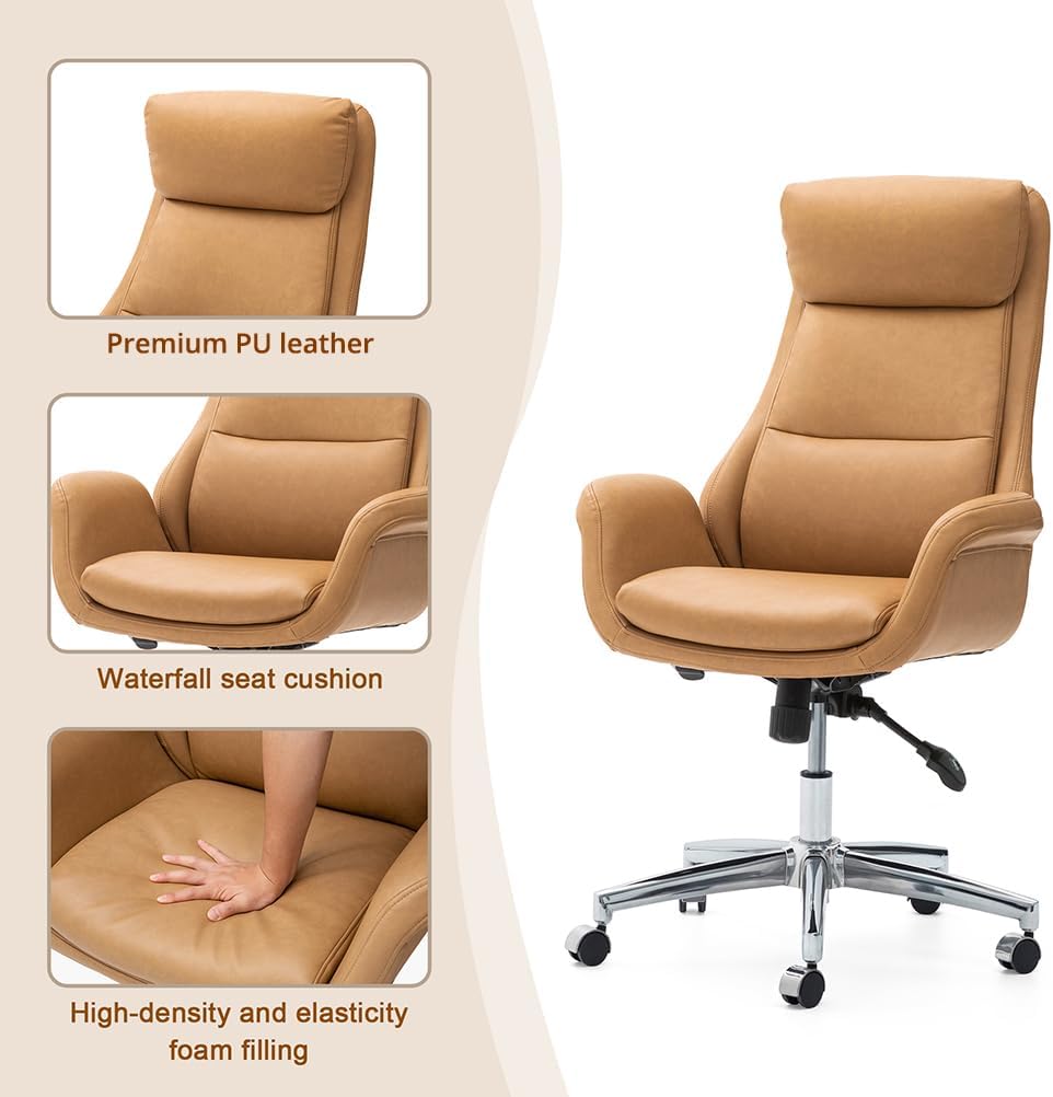 Modern Executive, High Back PU Leather Ergonomic Computer Desk Chair, Adjustable Height Swivel Office Task Chair with