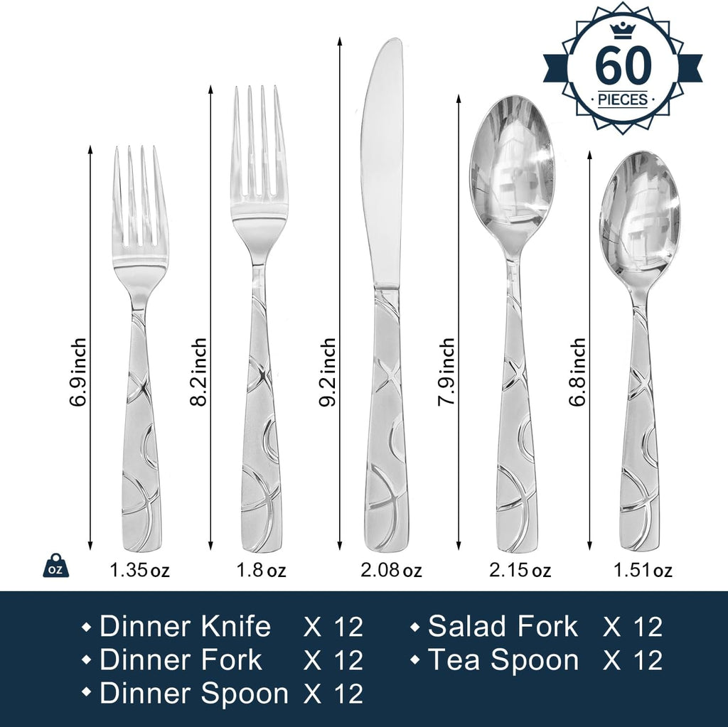 60 Pieces Stainless Steel Silverware Set, Modern Flatware Set for Kitchen, Mirror Polished Cutlery Set with Forks