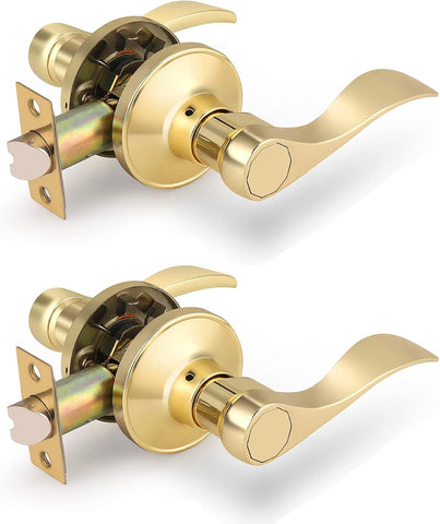 2Pack Wave-Style Closet and Hall Door Locksets Passage Levers in Polished Brass,Reversible Handles for Left Right - Door Lever