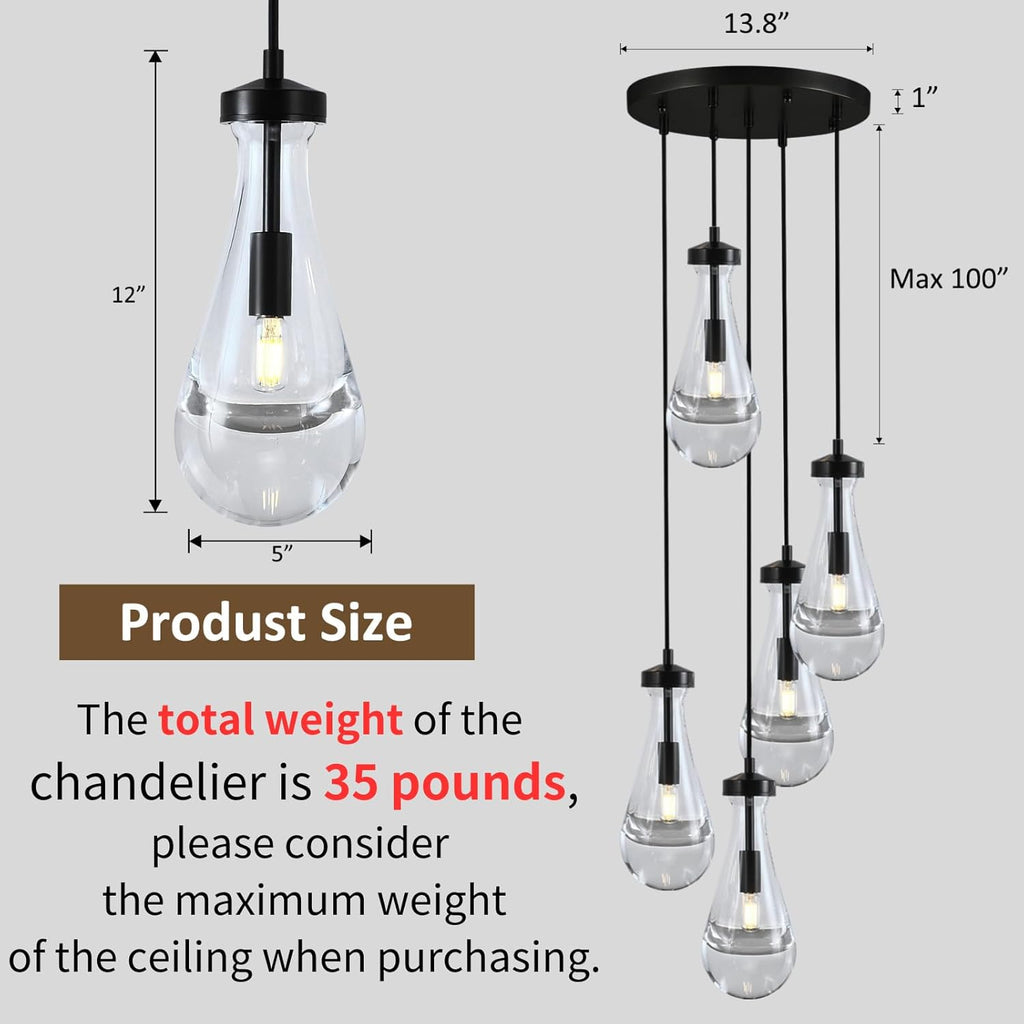 Raindrop Pendant Lights Kitchen Island Teardrop Black Hanging Light Fixtures Clear Solid Glass Pendant Light Modern Chandeliers for Dining Room Porch Corridor Living Room (5-Light)