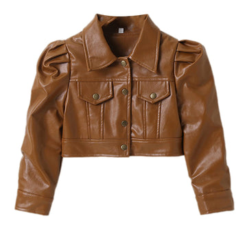 Toddler Girls Motorcycle Jackets PU Faux Leather Coat Turn-Down Collar Long Sleeve Crop Tops Outerwear Coats