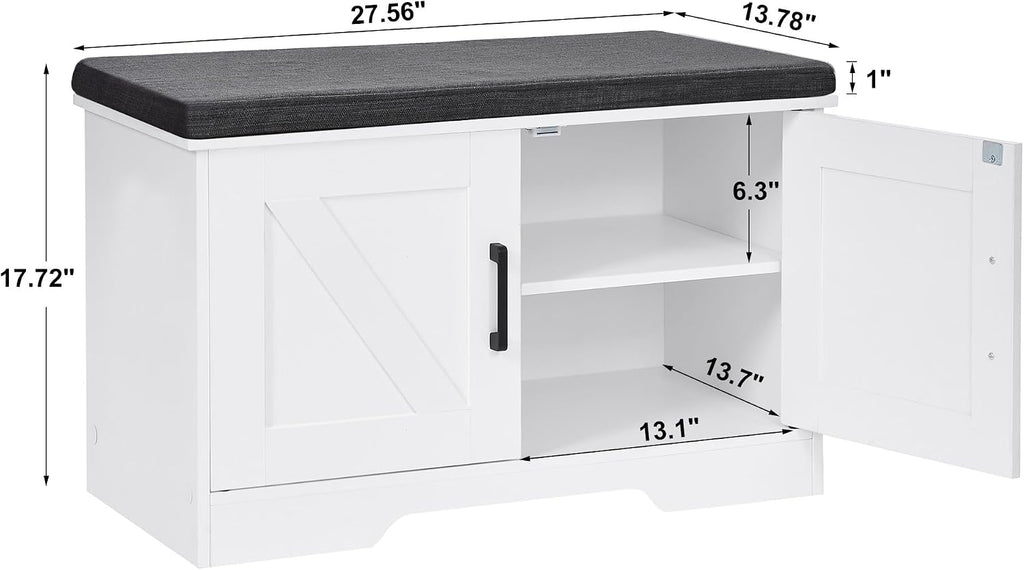 Farmhouse Shoe Storage Bench with 2 Barn Doors & Padded Seat Cushion | 27.6" Wide Entryway Bench with Adjustable