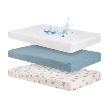 2 Baby Crib Sheets Cotton Muslin & 1 Waterproof Mattress Protector Cover