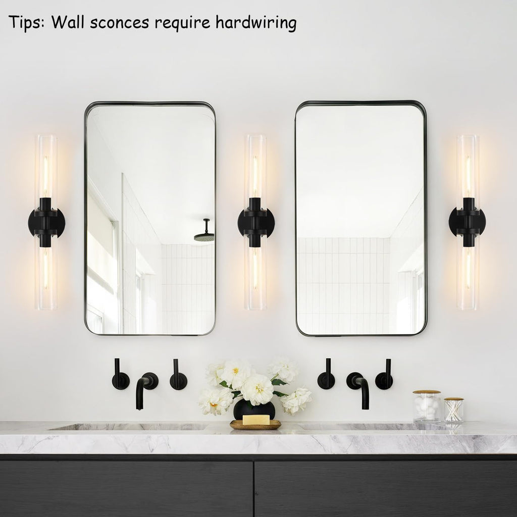 Wall Sconces Set of Two, Hardwired Matte Black Bathroom Sconces Wall Lighting with Clear Glass, Modern Sconces Wall