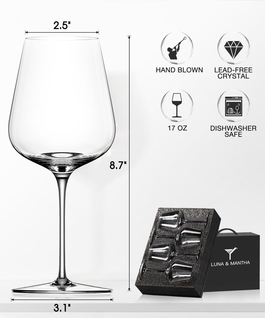 Red Wine Glasses Set of 4, Crystal Wine Glasses with Stem, Hand Blown 17oz, Perfect for Red White Gift Packaging for