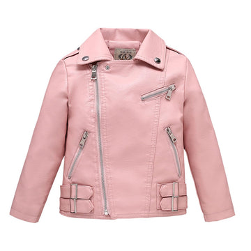 Kids Faux Leather Biker Jacket Moto Style Coat Pink