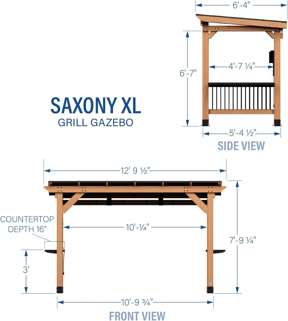 Saxony XL 12' x 6' Cedar Wood BBQ Grill Gazebo Pavilion with Hardtop Galvanized Steel Roof, Bar Tops, Powerport