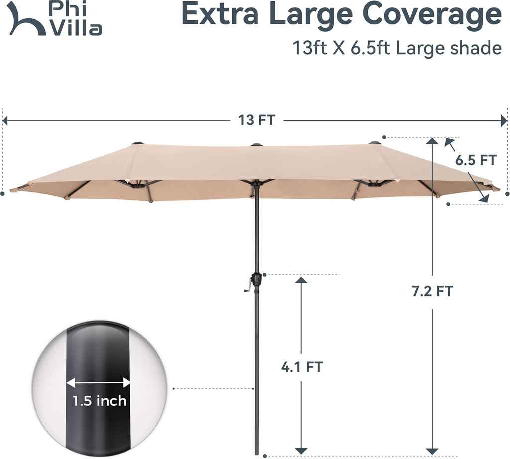13ft Large Patio Umbrella Double-Sided Twin Outdoor Market Umbrella with Crank, Beige
