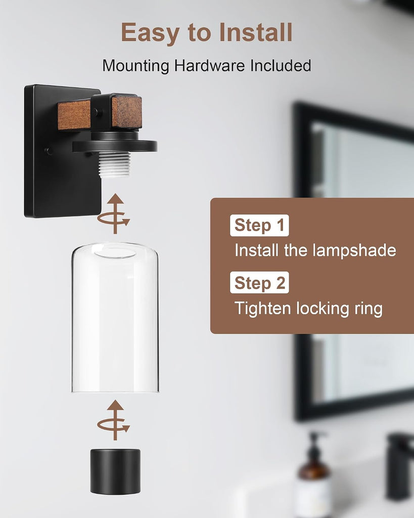 1-Light Wall Sconces Set of 2, Farmhouse Bathroom Vanity Light Fixtures, Wood Grain Black Wall Mount Light with Clear