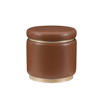 Lexington Caramel Faux Leather Round Storage Ottoman with Wood Accent