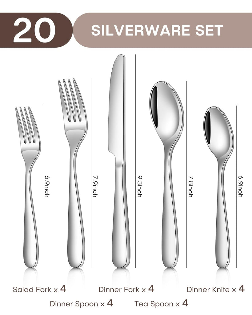 20-Piece Silverware set for 4 Include Knife Spoon and Fork Flatware Set with Heavy Duty Stainless Steel Mirror