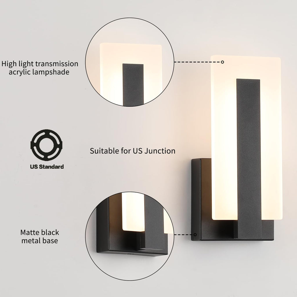 Modern LED Wall Sconce Dimmable Wall Mounted Lamp Set of 2, Black 3000K Warm White Wall Lamp, Hardwired Bathroom