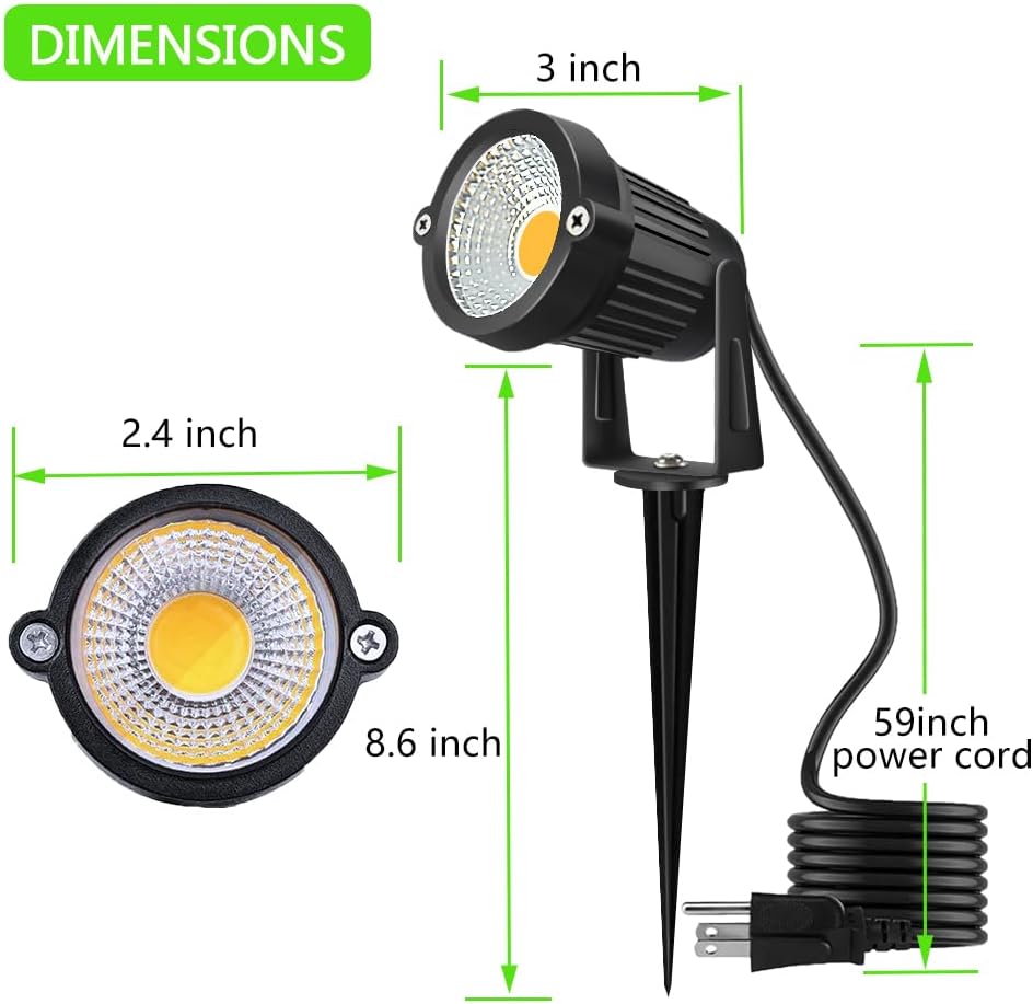 5W Landscape Lighting, 120V Plug-in Outdoor Spotlights, 6 Pack | 3000K Warm White, 550LM Bright LED, IP65 Waterproof