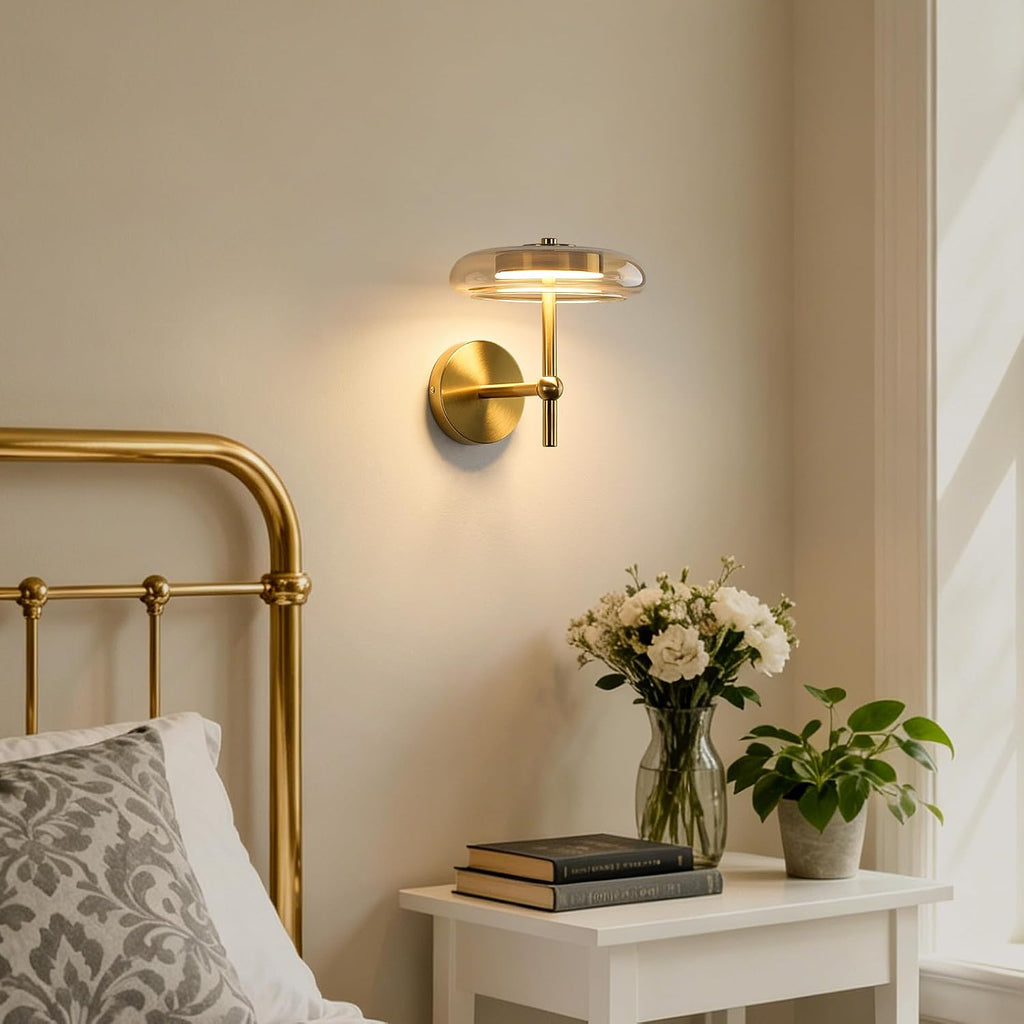 Modern Round Glass Wall Sconce in Brushed Gold, Contemporary Clear Glass Gold Sconce, Hardwired Indoor Wall Lighting