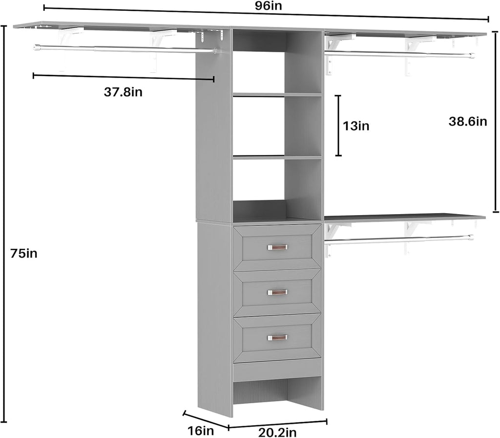 8FT Closet System with 3 Curved Drawers, 96'' Wooden Walk-in Closet Organizer with 3 Top Shelves, Adjustable