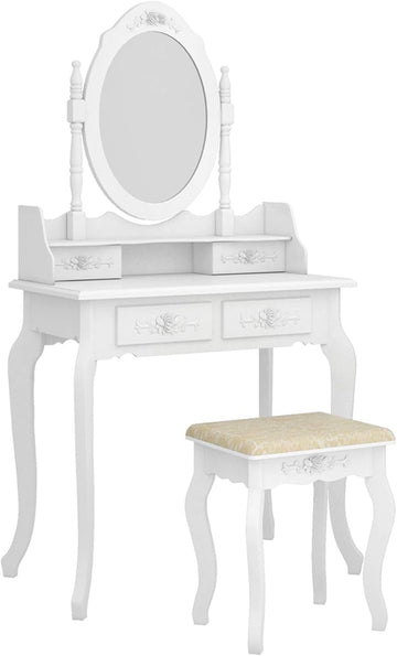Vanity Table Set, 4 Drawers Makeup Table with Oval Mirror & Stool, Bedroom Wood Dressing Table White