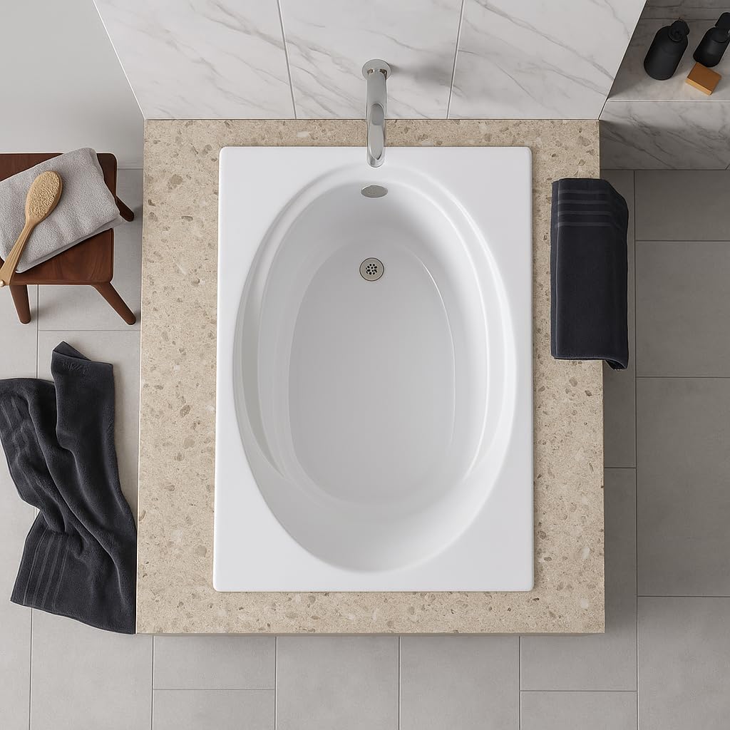 Tubs - SR6042 - Modern Acrylic Oval Rectangle Soaking Bathtub With Built-in Armrest - White Acrylic Fiberglass Drop