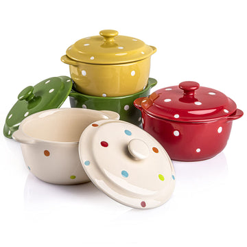4 Pack Porcelain, 9 OZ Mini Casserole Bowl with Lid and Handle, Ceramic Souffle Soup Creme Brulee Bowls, Oven Safe