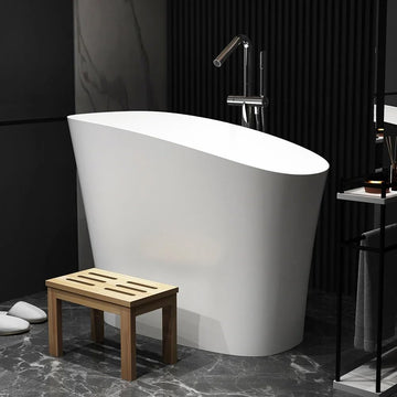 47" Japanese‑Style Irregular Freestanding Soaking Bathtub, Modern White Stone Resin Deep Soaker Tub with Built‑in