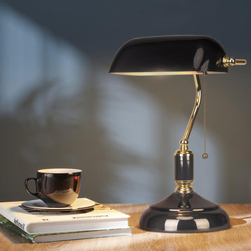 Bankers Desk Lamp with Pull Chain Switch Plug in Fixture, Black Glass Shade Desk Lamps, Golden and Black E26 Base