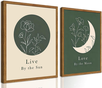 Framed Boho Sun and Moon Wall Art Set of 2, Sage Green Floral Line Pictures Wall Decor, Minimalist Quotes Paintings
