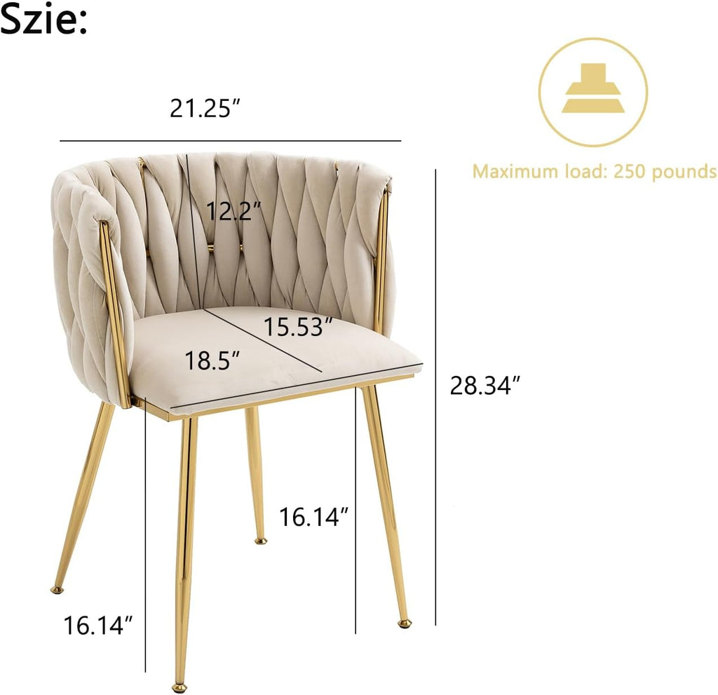 Woven Velvet Dining Chairs Set of 2, Upholstered Accent Chairs with Gold Metal Legs, Modern Dining Room Chairs
