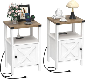 Farmhouse Nightstands with Charging Station, Rustic Vintage Side End Table with Storage, Wood Side Table with Barn