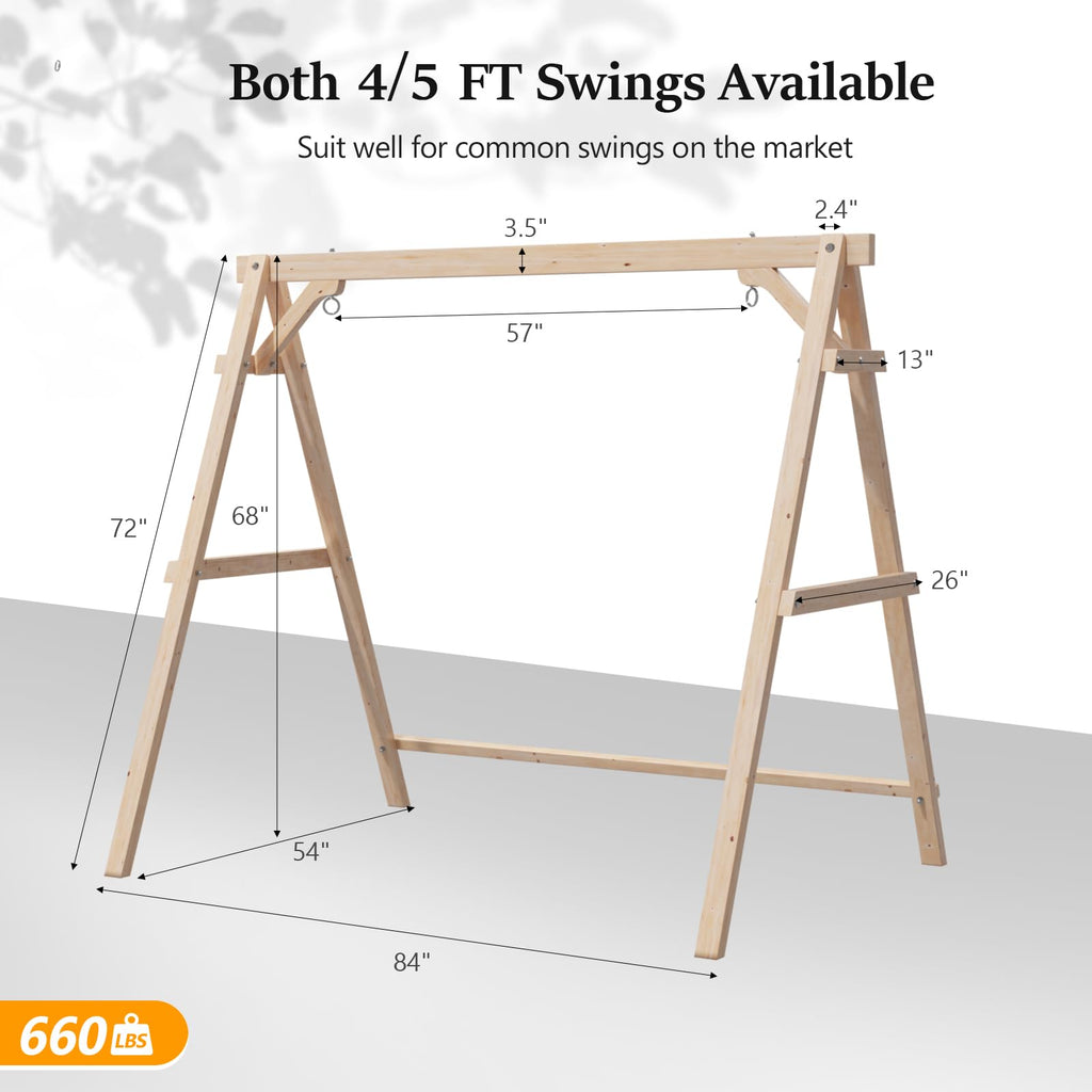 6.9FT Wooden Porch Swing Frame for 5FT Swing, Natural