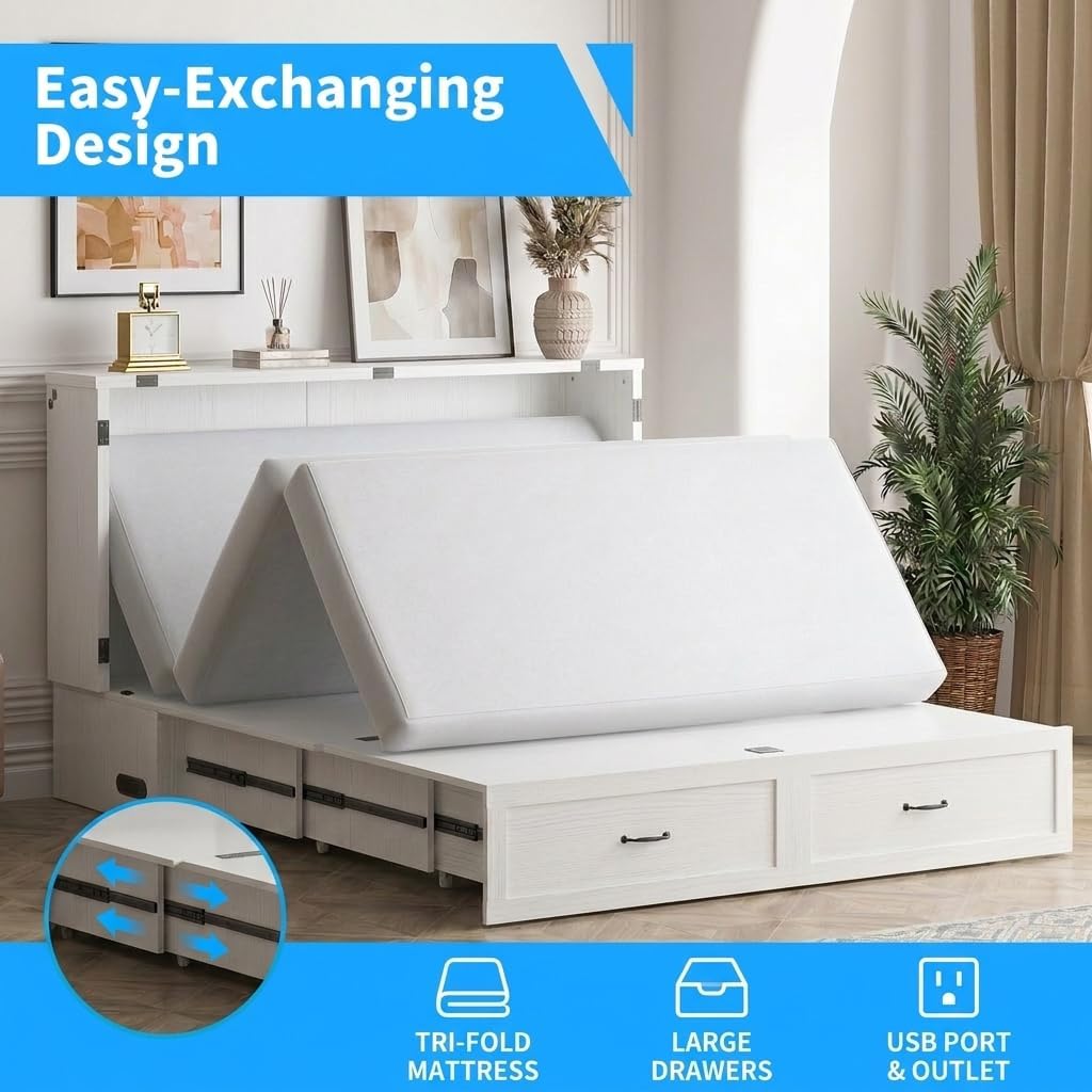 Murphy Bed Queen with Mattress Included, Crisscross Frame Cabinet Beds Chest with Charging Station & Storage Drawers