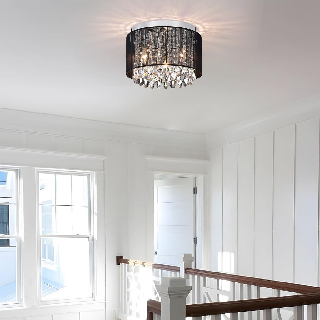 Black Mini Crystal Flush Mount Ceiling Light - 3-Light Drum Chandelier, or Living Room, Small Modern Lighting