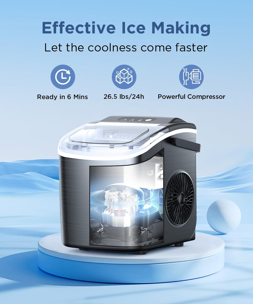 Ice Maker Countertop, Portable Ice Machine with Self-Cleaning, 26.5lbs/24Hrs, 9 Bullet Ice Cubes in 6 Mins, Ice