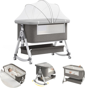 4 in 1 Baby Bassinet, Rocking Bassinets Bedside Sleeper with Comfy Mattress and Wheels, 6 Height Adjustable Easy