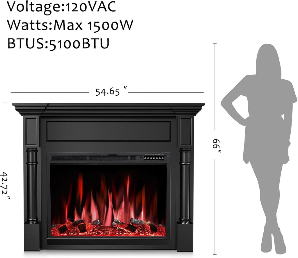 55" Freestanding Electric Fireplace, Fireplace TV Stand Wooden Mantel with Remote Control, 4 Flame Colors & 12 Ember
