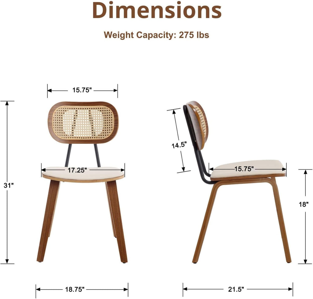 Modern Dining Chairs Set of 4, Upholstered Faux Leather Dining Room Chairs with Rattan Backrest and Wood Legs