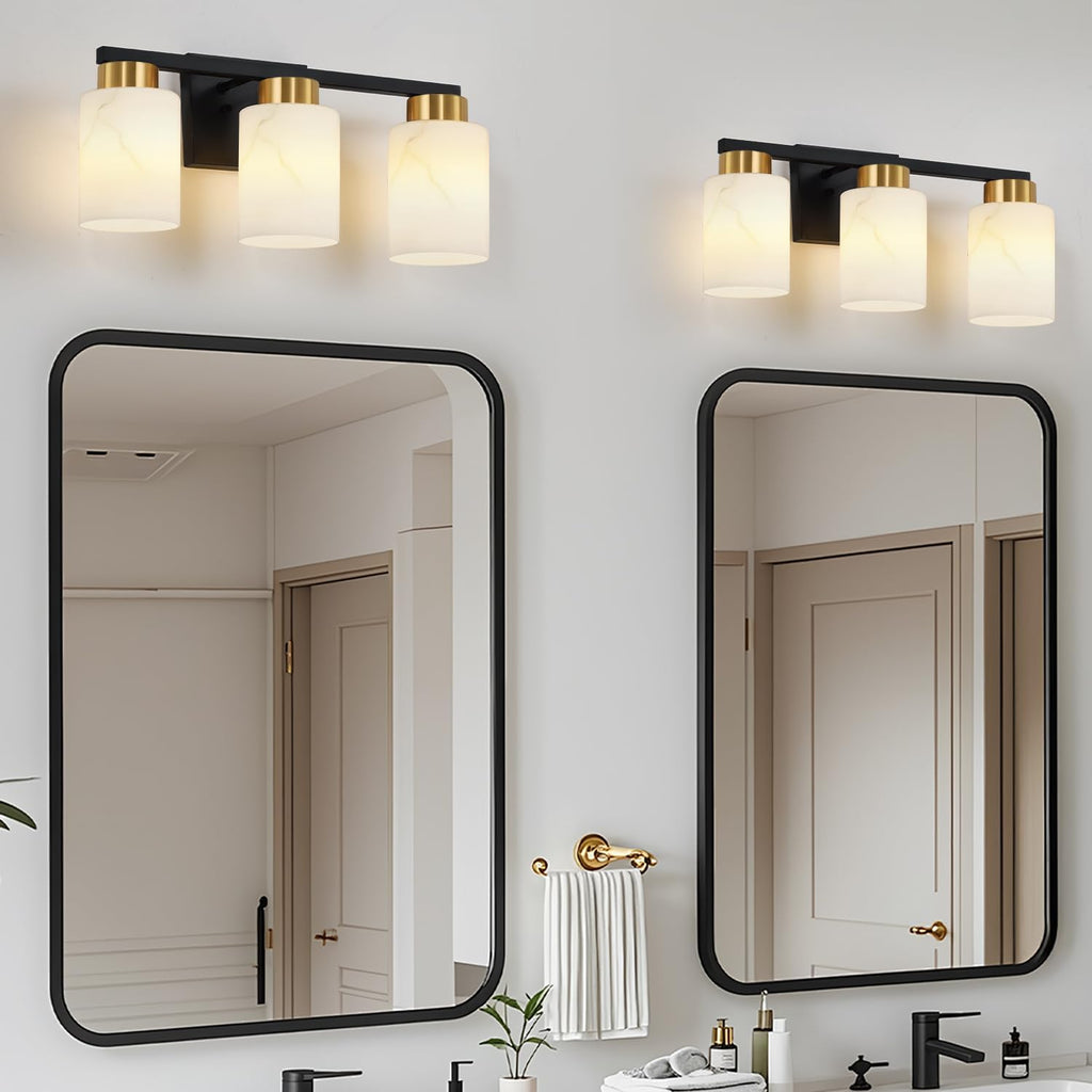 3-Light Bathroom Light Fixtures, Modern Vanity Lights, Black and Gold Metal Wall Lamp with White Marble Glass